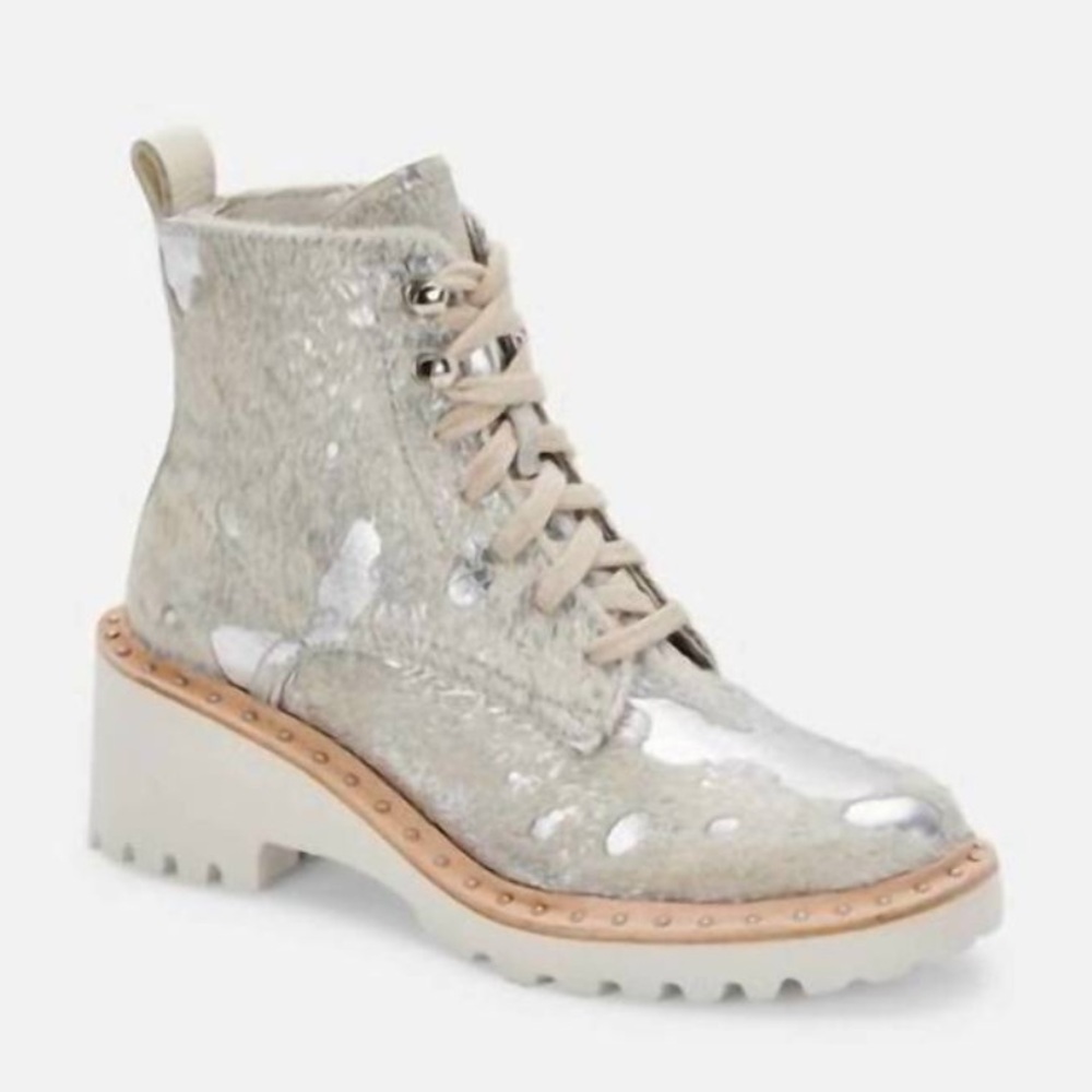 Dolce Vita Hinto Calf Hair Metallic Cowhide Boots Silver Size 6.5